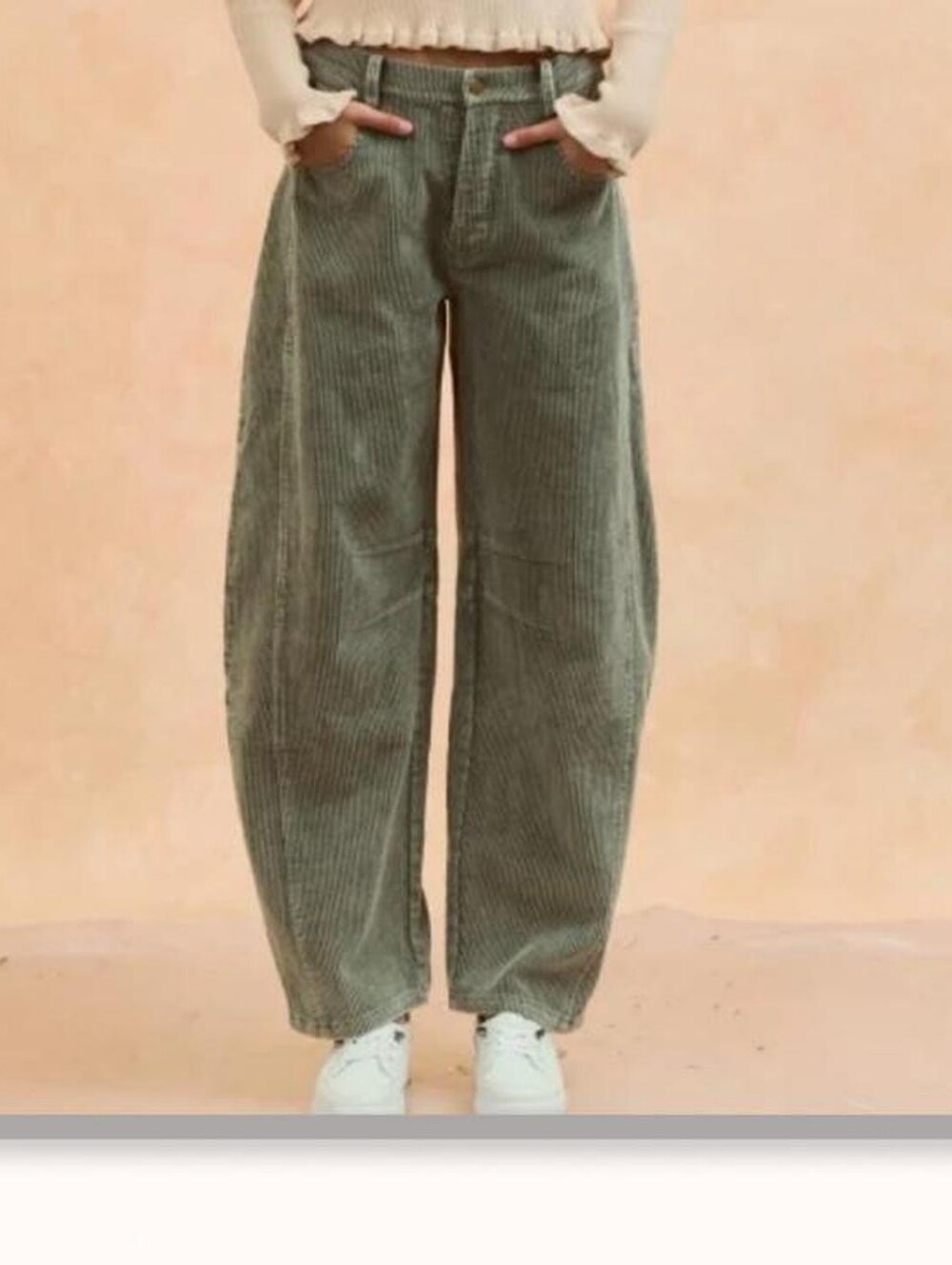 Women's Olive Green Corduroy Barrel Pants with Rope Drawstring